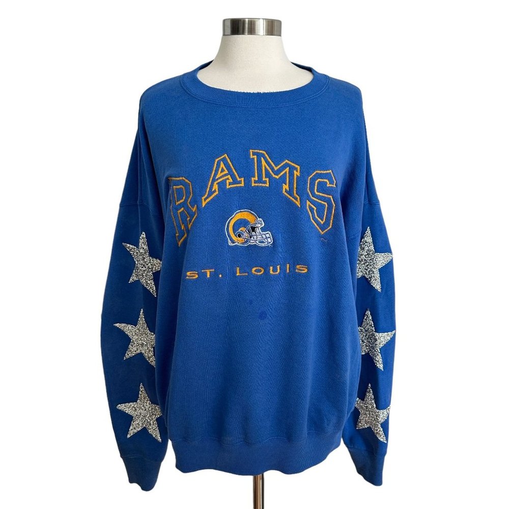 Furst of A Kind Vintage Rams Blue Glitter Star Oversized Crew Neck Sweatshirt